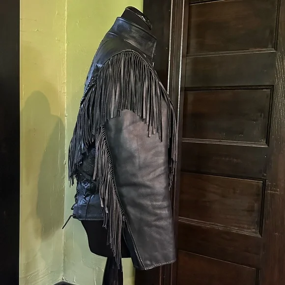 Black Fringe Leather Jacket vintage biker motorcycle jacket - Picture 3 of 10